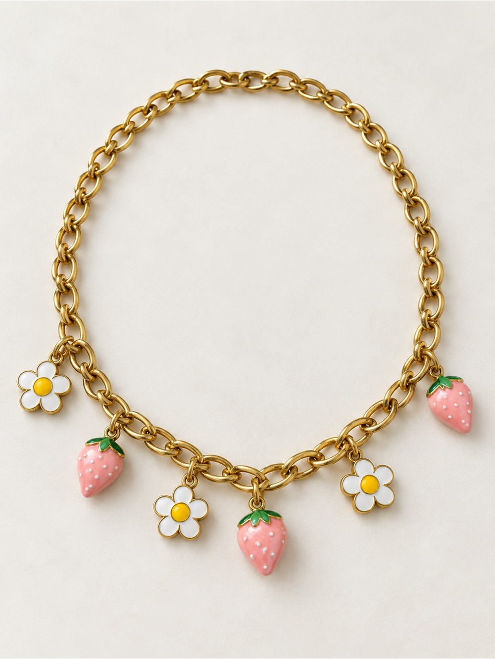 Vintage Gold-Tone Strawberry & Daisy Charm Necklace - Pink/White/Yellow/Green
